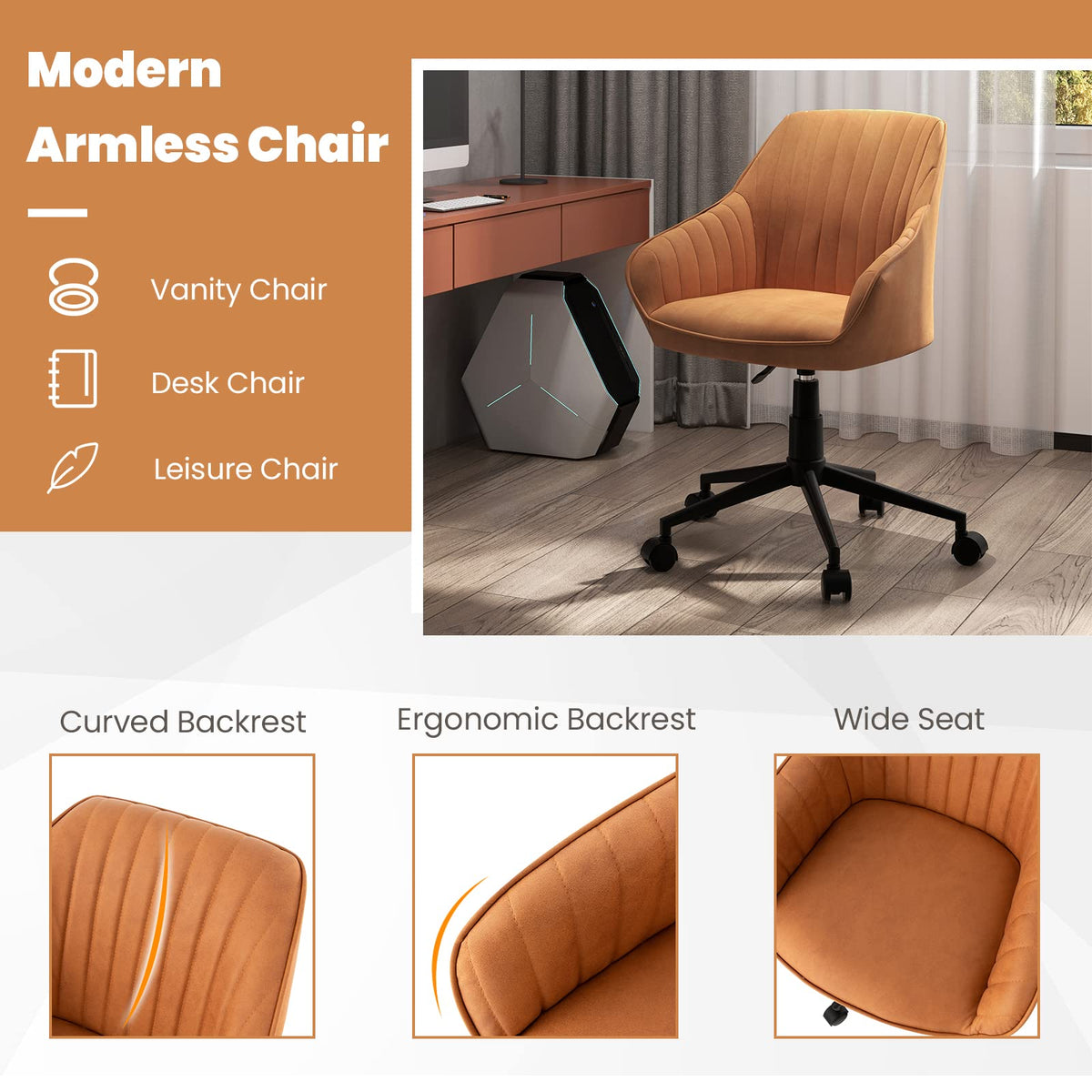 Goflame Leather Office Chair Brown, Mid Century Desk Chair with Wheels and Ergonomic Armrests