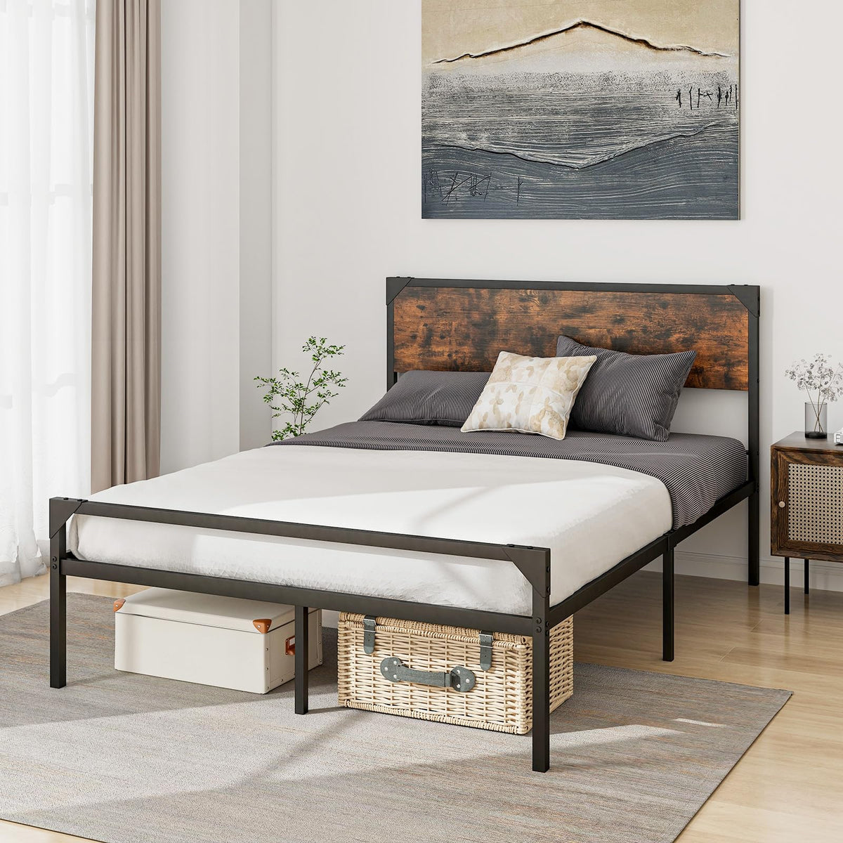Goflame Full Size Bed Frame with Rustic Headboard & Footboard, Strong Metal Slat Support Mattress Foundation