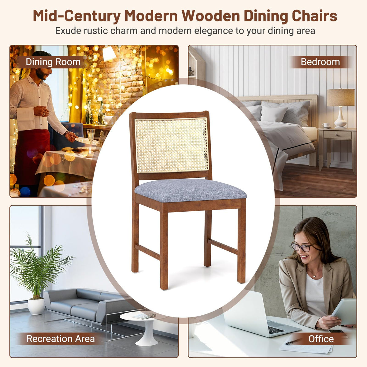 Goflame Rattan Dining Chairs Set of 2/4, Modern Upholstered Kitchen Chairs w/Rubber Wood Frame
