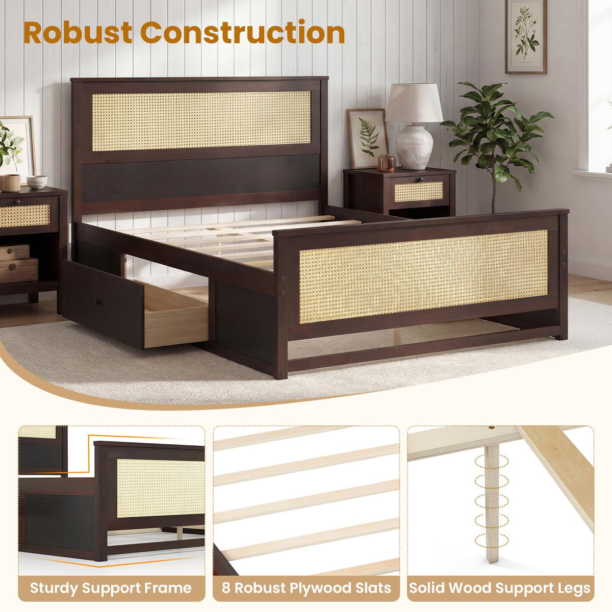 Goflame Full/Twin Size Rattan Bed Frame with 2 Storage Drawers