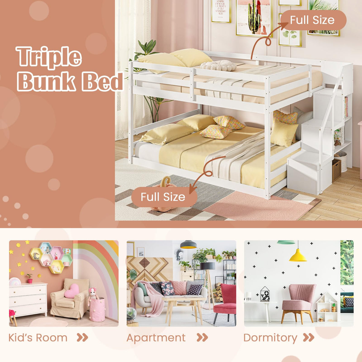 Goflame Bunk Bed with Stairs, Solid Wood Floor Bunk Bed with Storage Staircase & Full-Length Guardrails