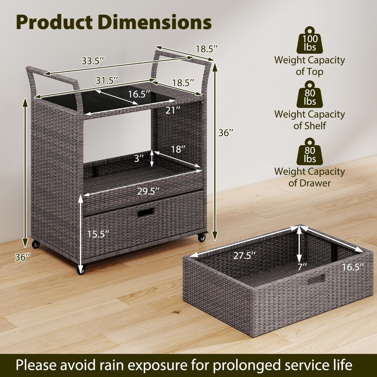 Goflame Rolling Wicker Cart W/Shelves and Big Drawer for Dining Room