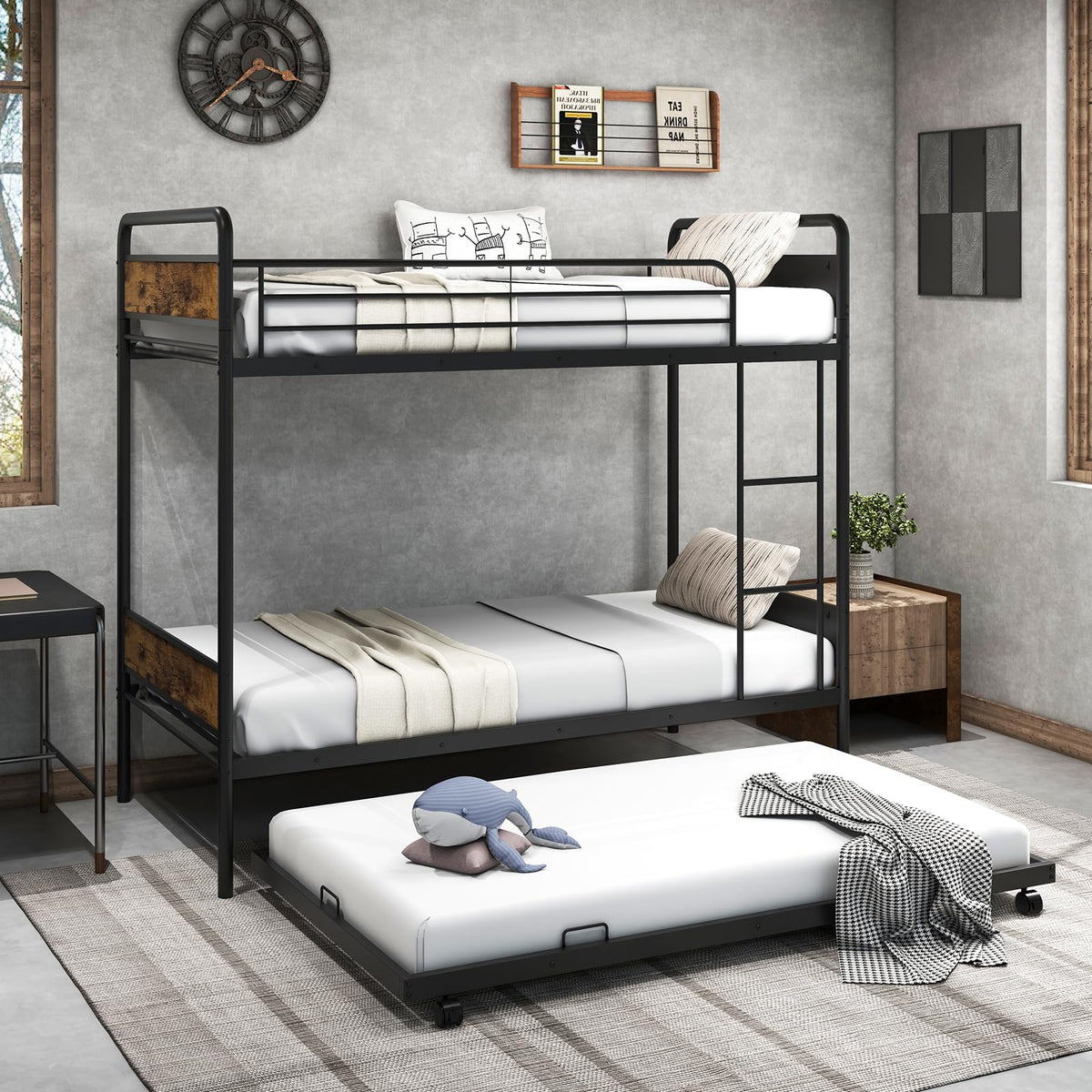 Goflame Metal Twin Over Twin Bunk Bed with Trundle