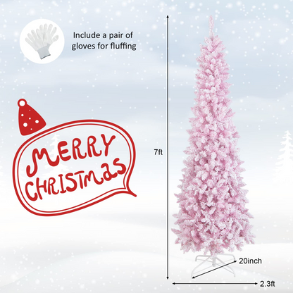 Goflame 7ft Pre-Lit Pencil Christmas Tree, Snow Flocked Artificial Slim Tree with 800 Branch Tips - GoflameUS
