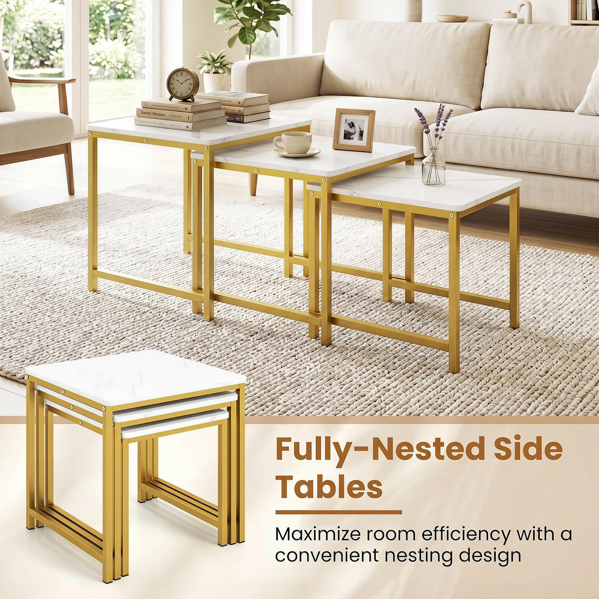 Goflame Nesting Coffee Table Set of 3 | Faux Marble Coffee Table with Metal Frame