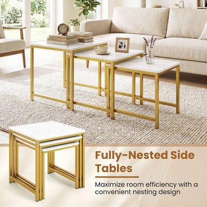 Goflame Nesting Coffee Table Set of 3 | Faux Marble Coffee Table with Metal Frame