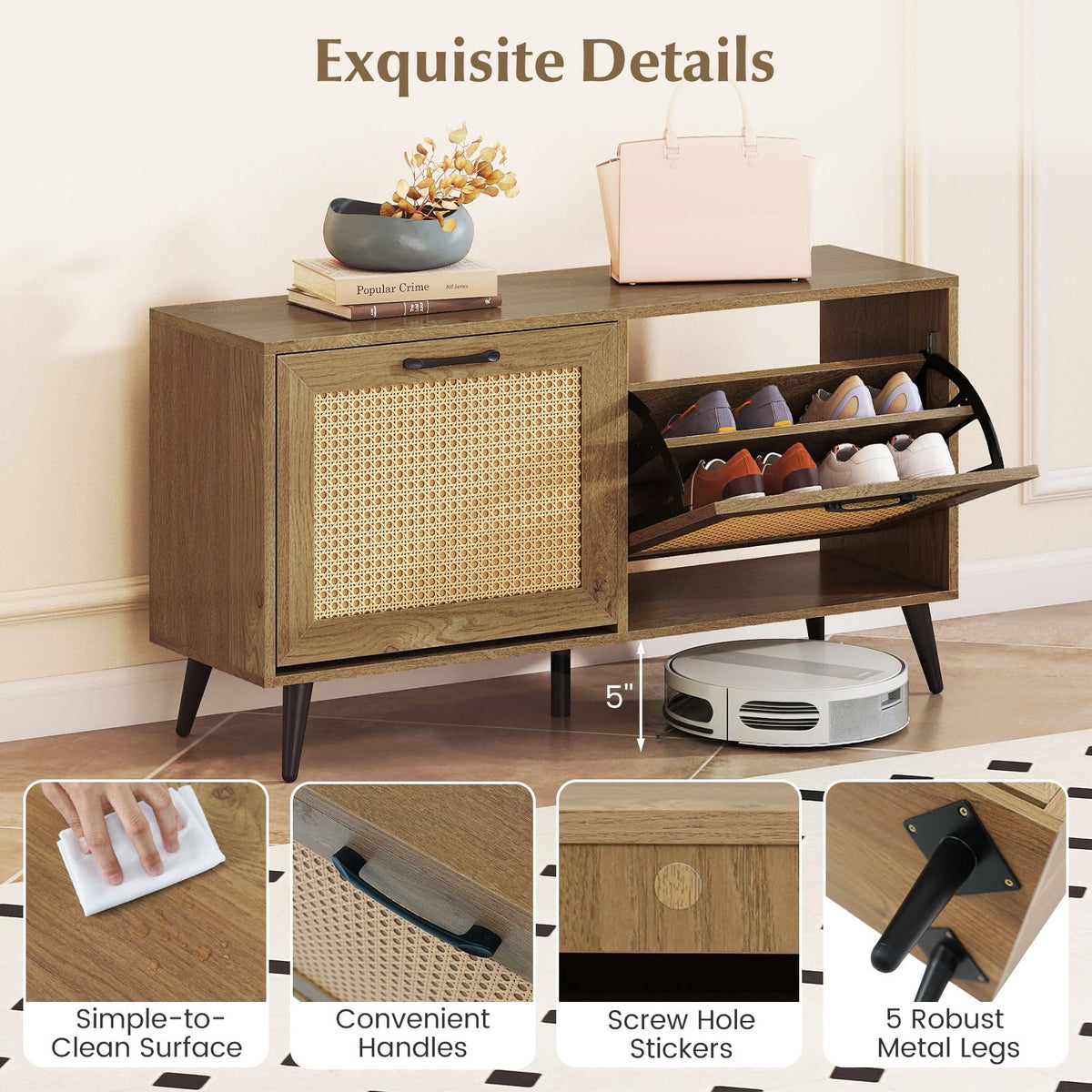 Goflame Rattan Shoe Cabinet with 2 Flip Drawers
