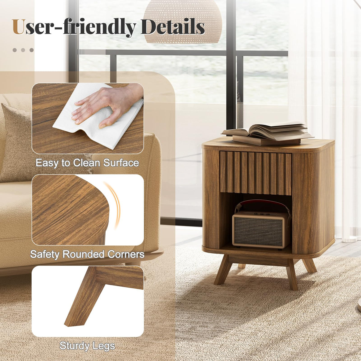 Goflame Mid Century Modern Nightstand Set of 1/2 Fluted Bedside Table