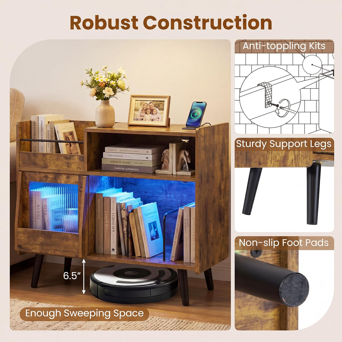Goflame Large Record Player Stand with LED Light& Sliding Door