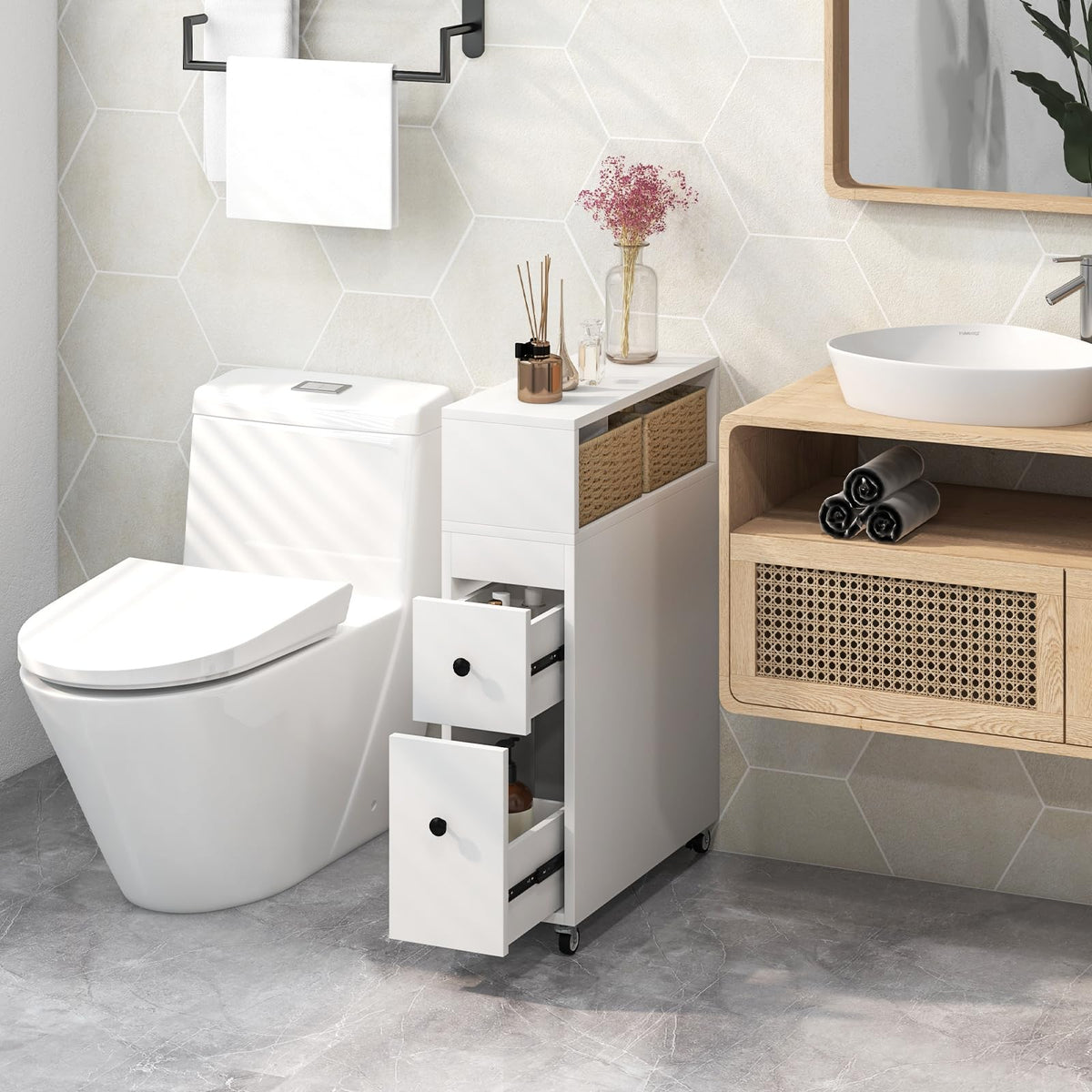 Goflame Small Bathroom Storage Cabinet - Slim Bathroom Organizer with Wheels, 2 Drawers, 2 Baskets