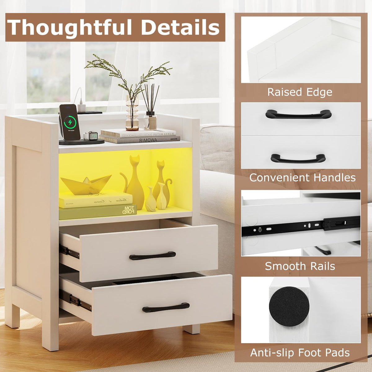 Goflame LED Nightstand with Charging Station Set of 1/2 Bedside Table