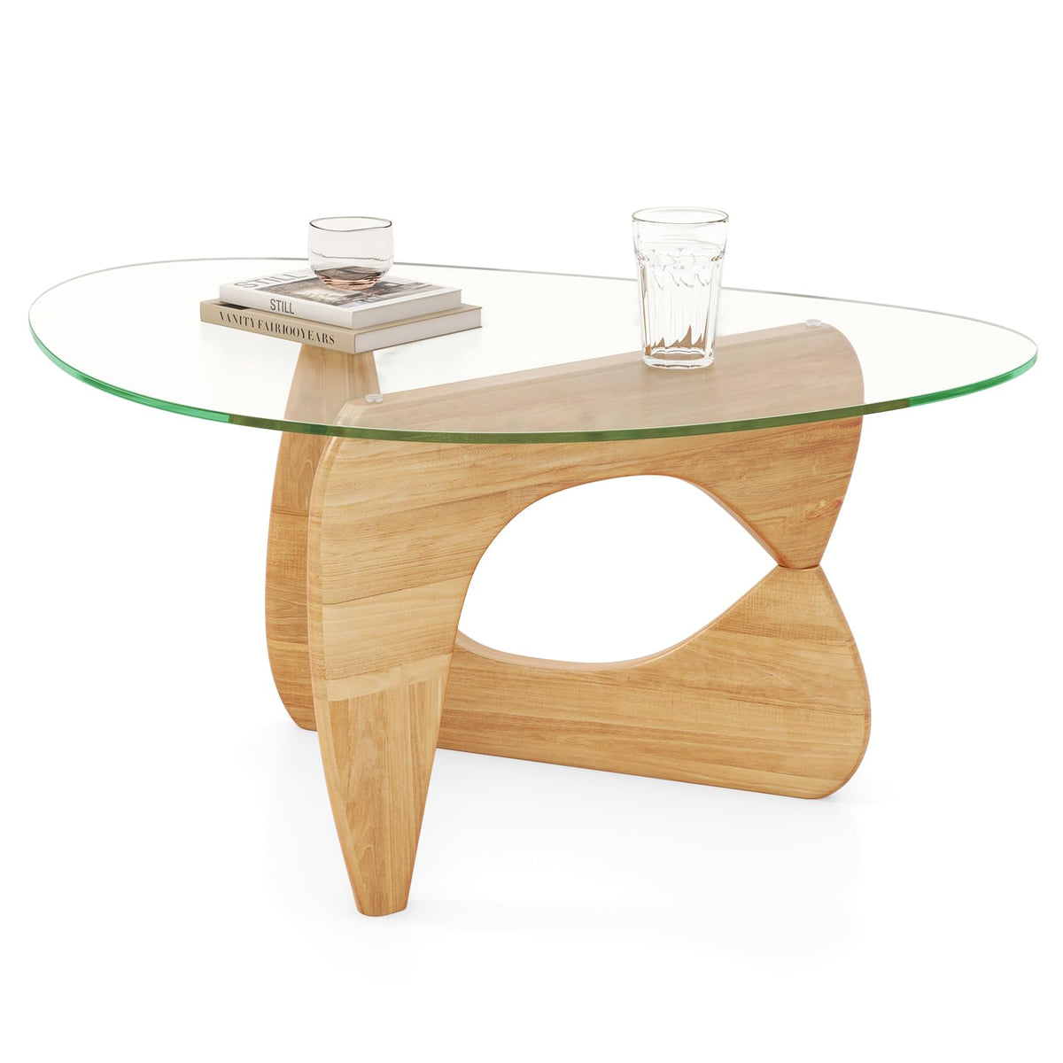 Goflame Triangle Glass Coffee Table, Solid Wood Tea Table with Tempered Glass Top & Adjustable Base