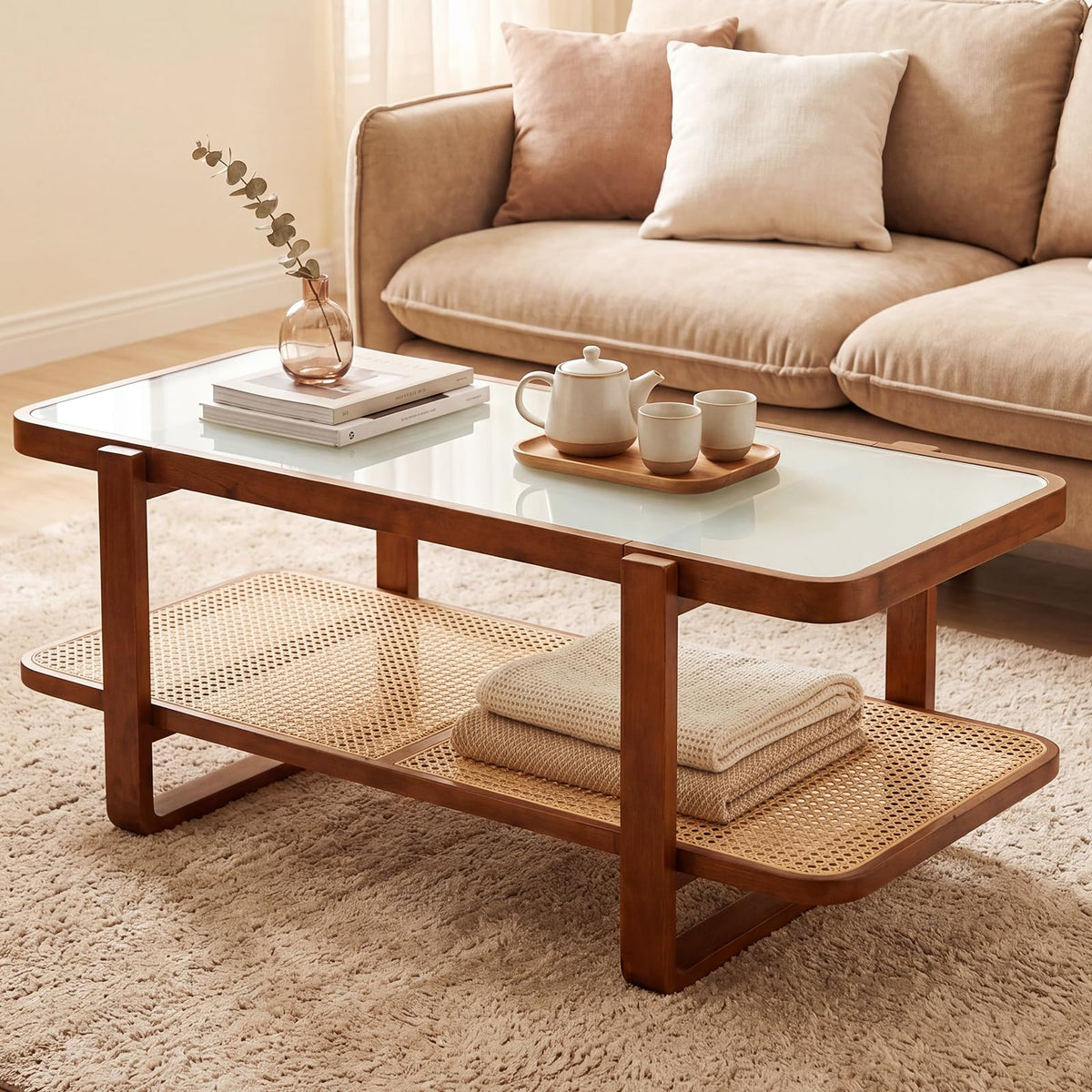 Goflame Rattan Coffee Table | 41.5" Farmhouse Center Table with Storage & Frosted Tempered Glass