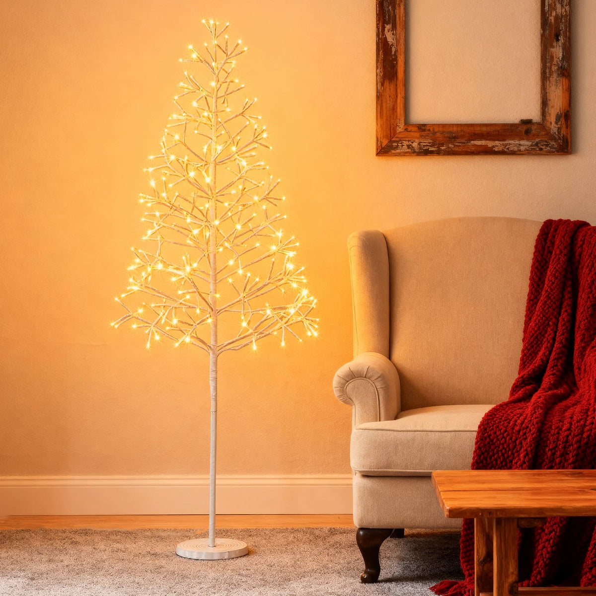 Goflame LED Birch Tree, 5/6/7 FT Pre-lit Twig Tree with Warm White Light LED Lights, Weighted Base