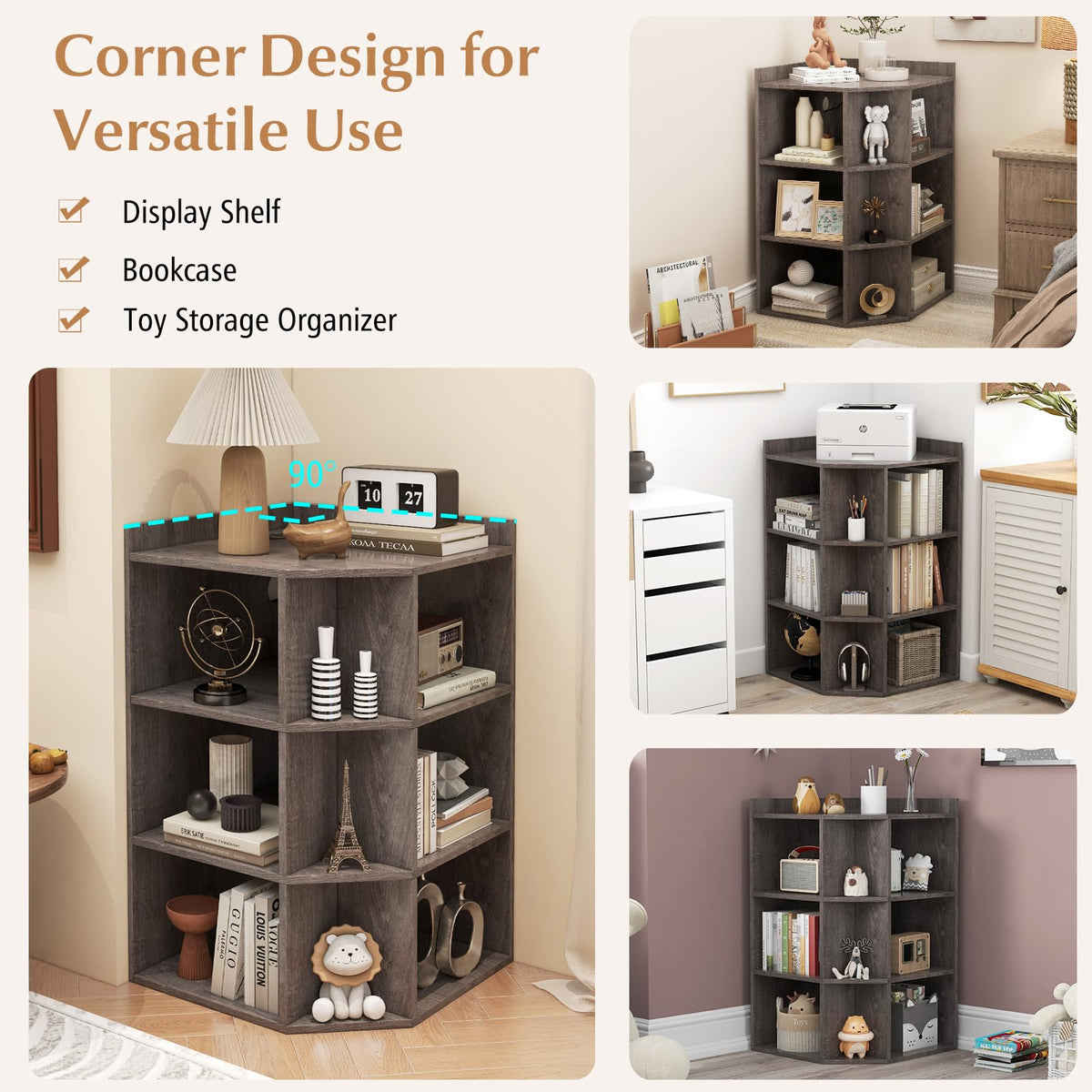 Goflame 3-Tier Corner Cabinet with Charging Station, Corner Shelf with 9 Cubbies, 2 USB Ports & 4 Outlets