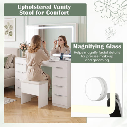 White Vanity Desk with Mirror, Lights, Charging Station, Glass Top