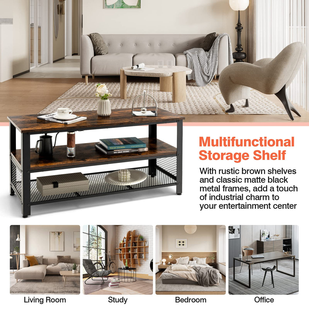 Goflame TV Stand for TV up to 50 Inches, 43.5 inch Wood Industrial TV Cabinet with 3-Tier Storage Shelves, Rustic Brown