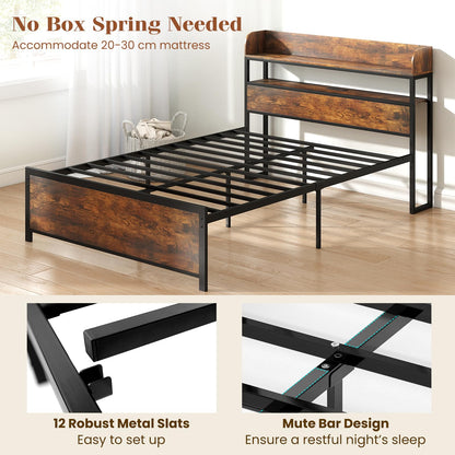 Goflame Metal Platform Bed Frame with Storage Headboard