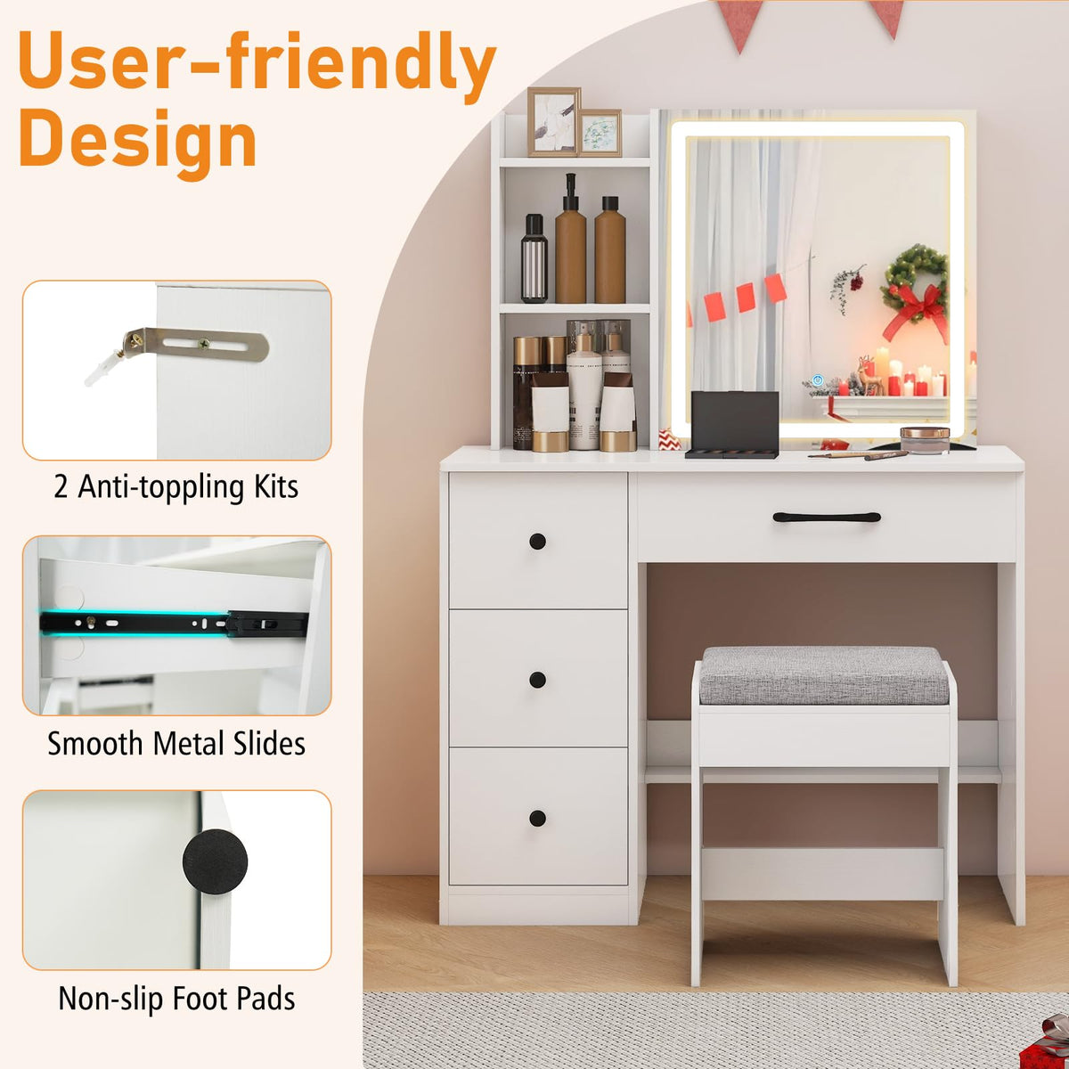 Makeup Vanity Desk with Sliding Mirror Cabinet, 38” Compact Vanity Table with Cushioned Stool