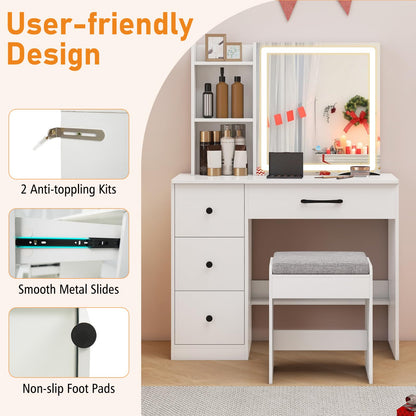 Makeup Vanity Desk with Sliding Mirror Cabinet, 38” Compact Vanity Table with Cushioned Stool