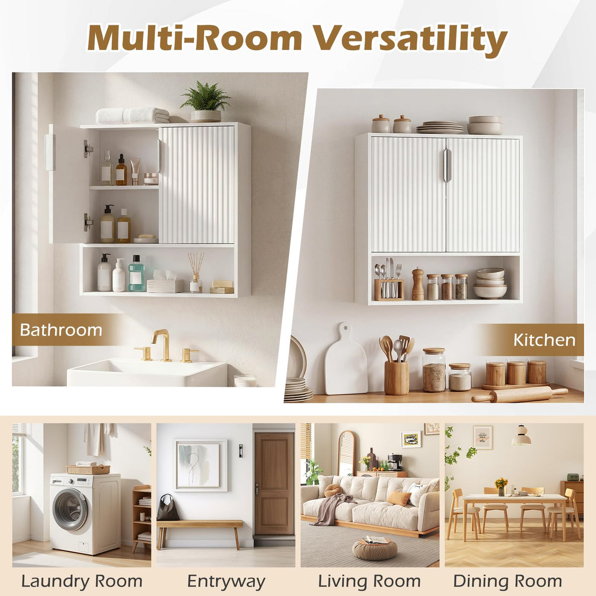 Goflame Fluted Bathroom Wall Cabinet | Over-the-Toilet Medicine Cabinet w/ 2 Doors
