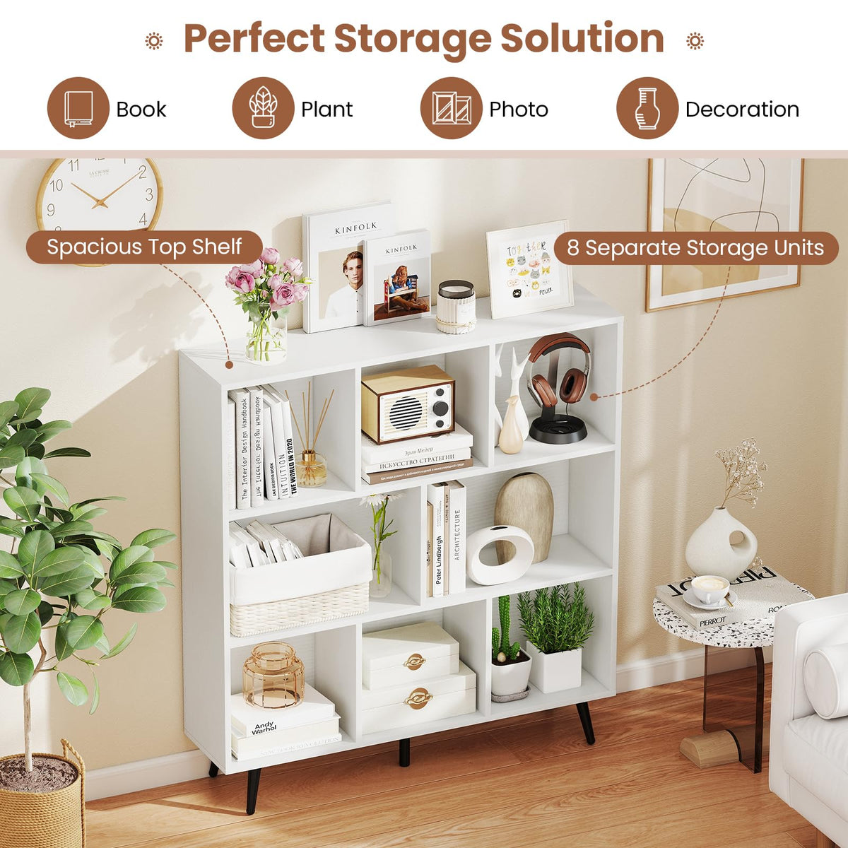 Goflame 3 Tier Modern Bookshelf with 5 Metal Legs for Living Room