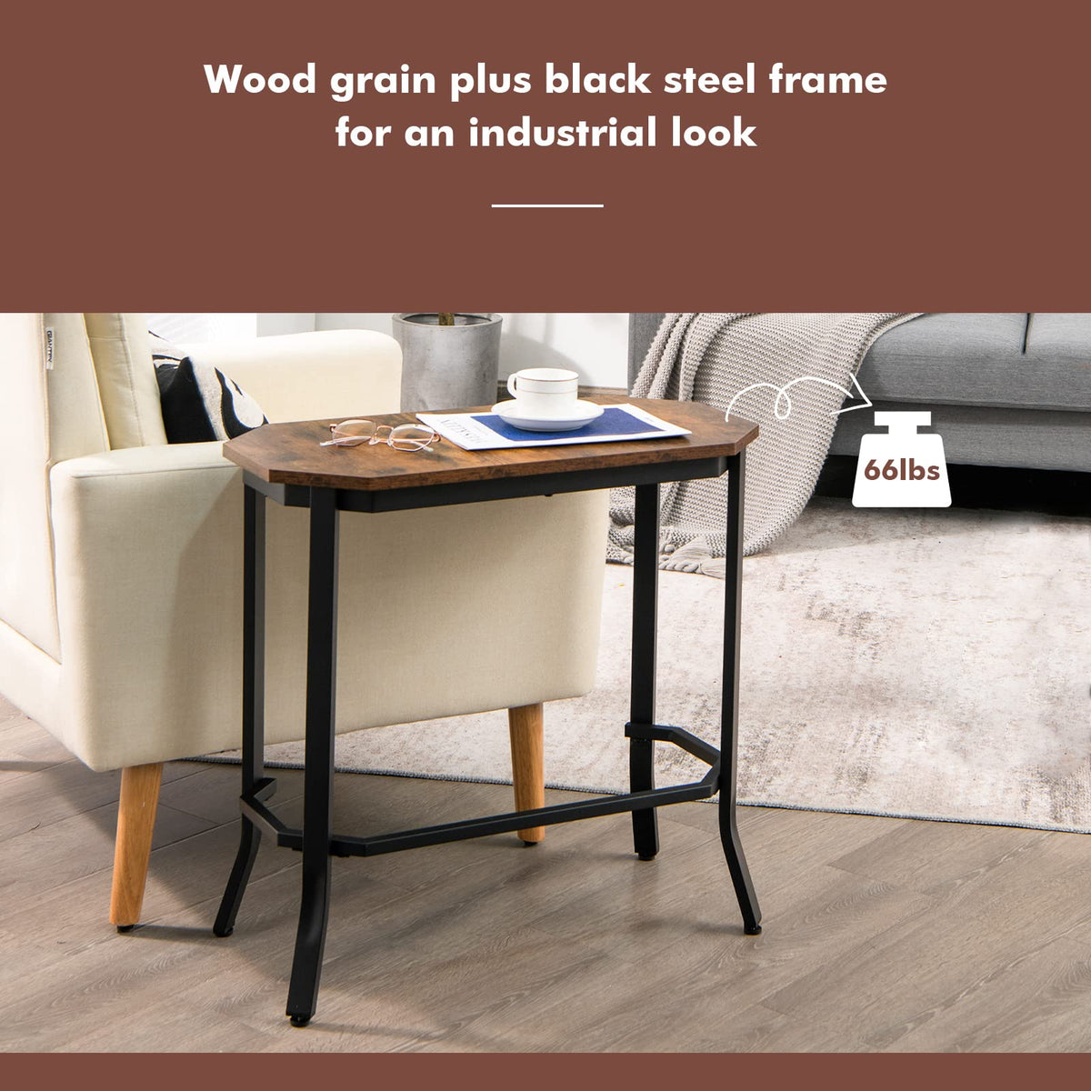 Goflame Narrow End Table w/Rustic Wood Grain & Stable Steel Frame, 25.5"x12.5"x24.5" Rustic Brown
