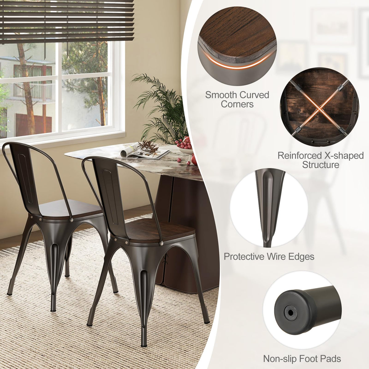 Goflame Metal Dining Chairs Set of 4, Stackable Kitchen Chairs with Wood Seat & Removable Backrest