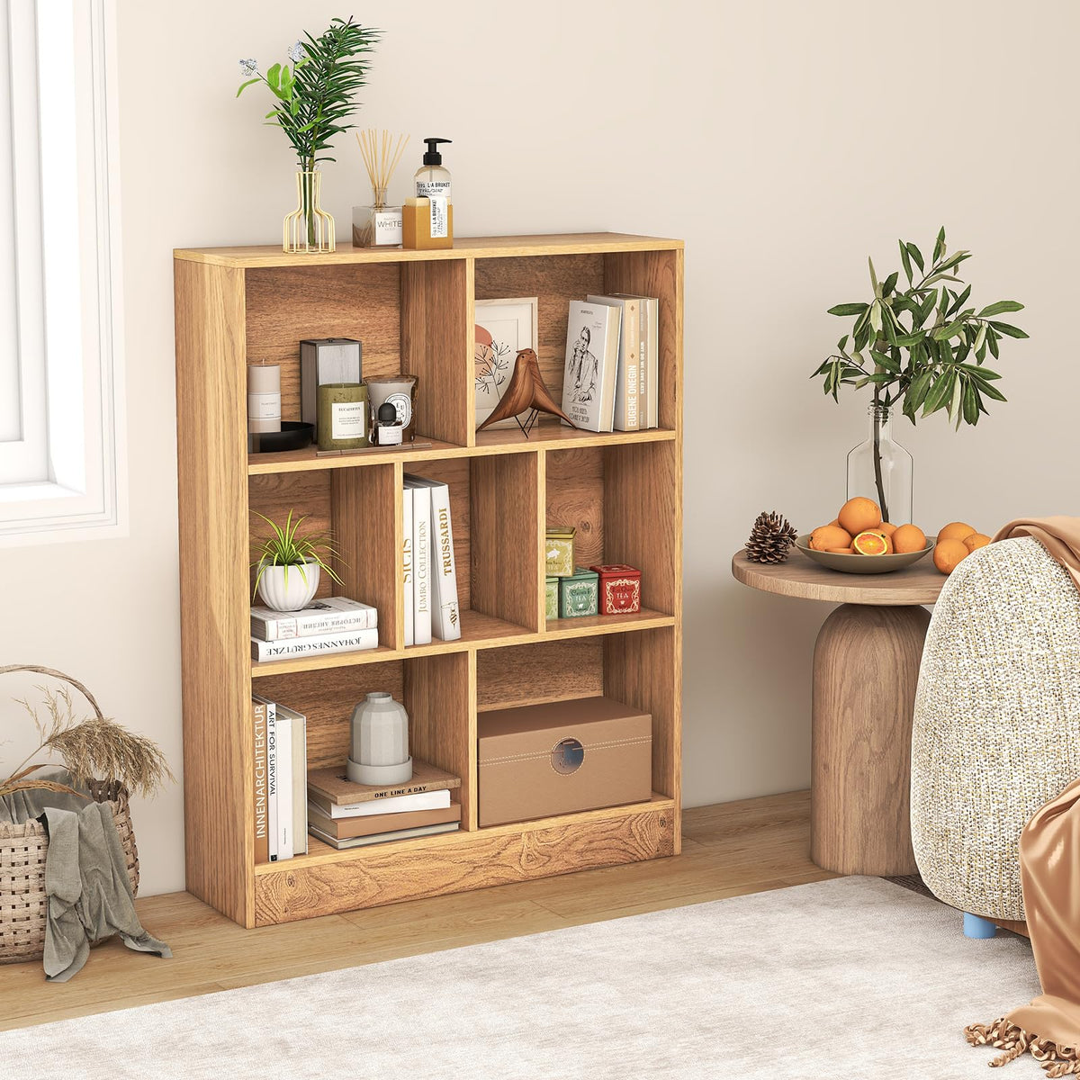 Goflame 7 Cube Bookcase 4-Tier Freestanding Bookshelf w/ 7 Open Compartments