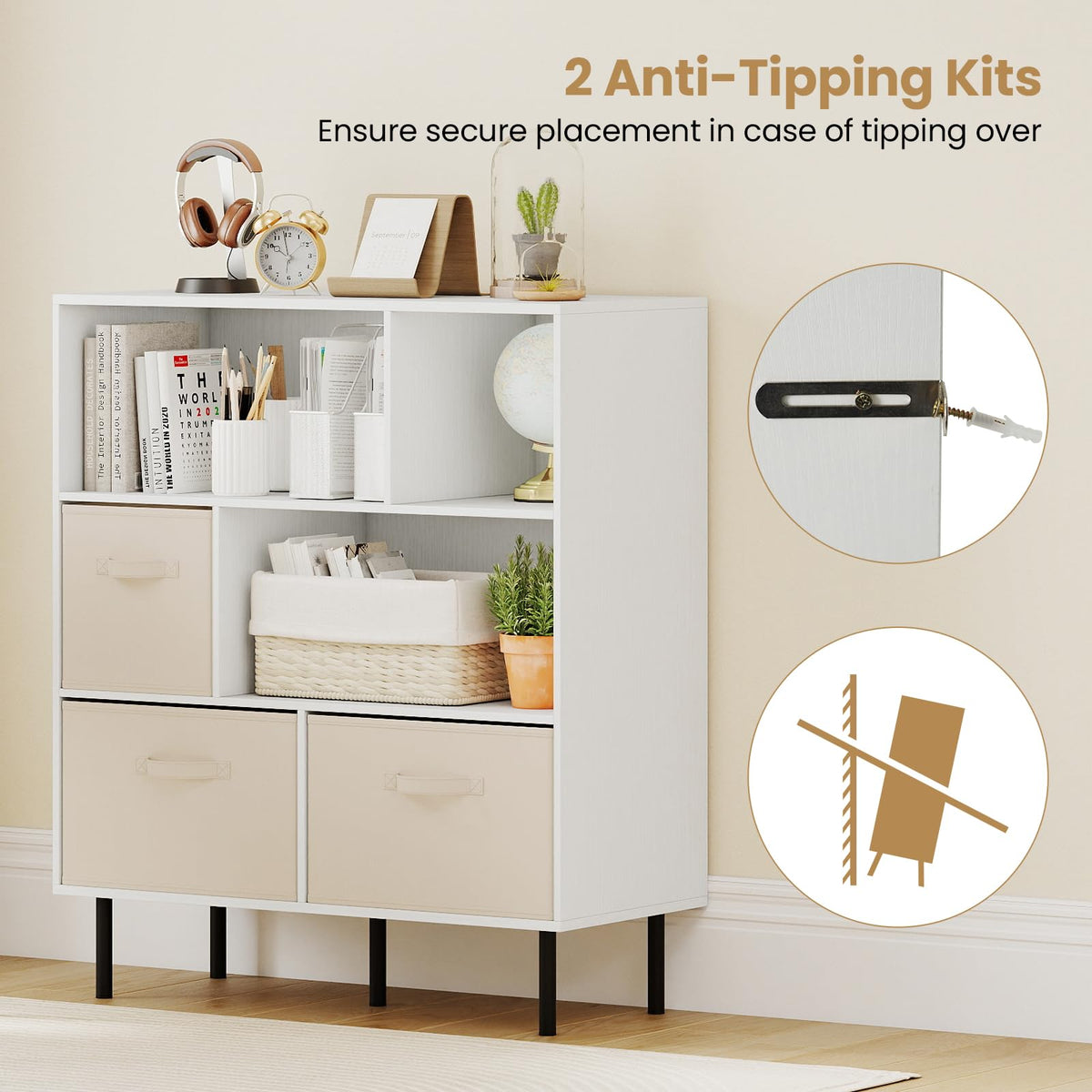 Goflame 6-Cube Bookshelf 3-Tier White Bookcase