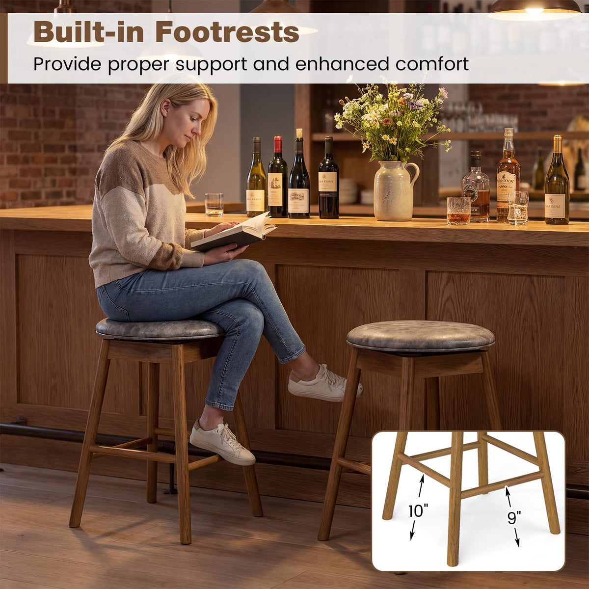 Goflame Swivel Counter Height Barstools with Solid Wood Legs and Footrests