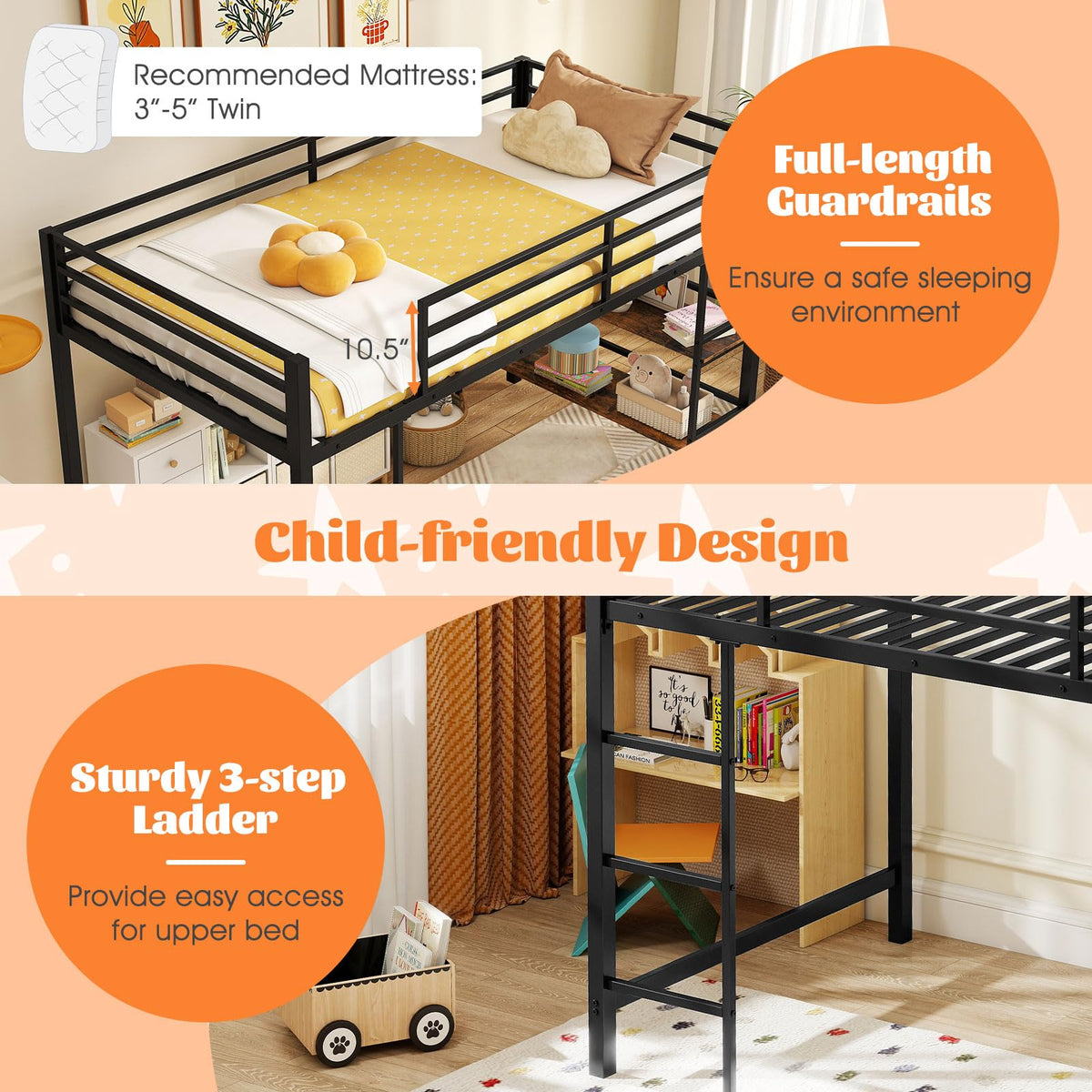 Goflame Low Loft Bed Twin Size Heavy Duty Metal Frame w/Storage Shelves