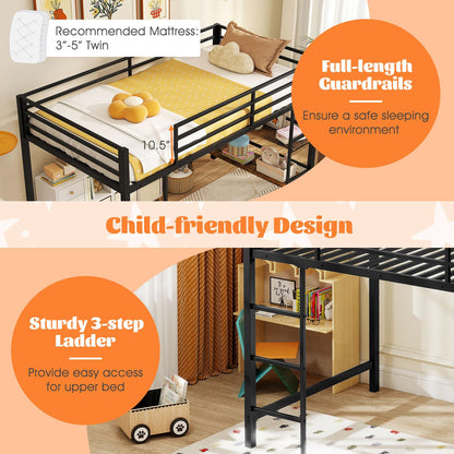 Goflame Low Loft Bed Twin Size Heavy Duty Metal Frame w/Storage Shelves