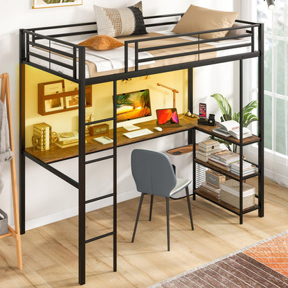 Goflame Twin Loft Bed with L-Shaped Desk, Metal Loft Bed Frame with LED Lights