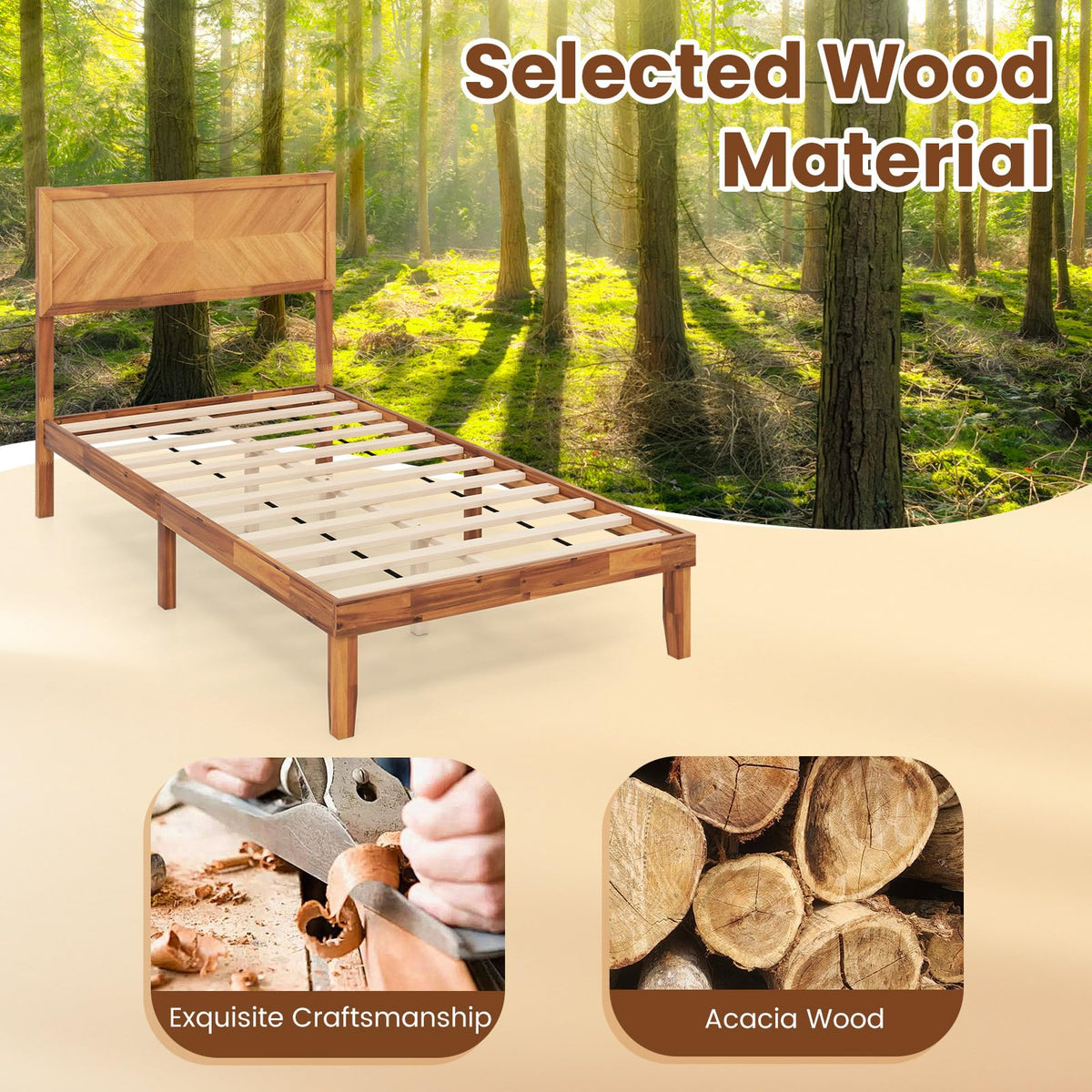 Goflame Wood Twin Bed/Full Size Bed/Queen Bed Frames with Headboard, Solid Acacia Wood Platform Bed with 12 Strong Wooden Slat Support