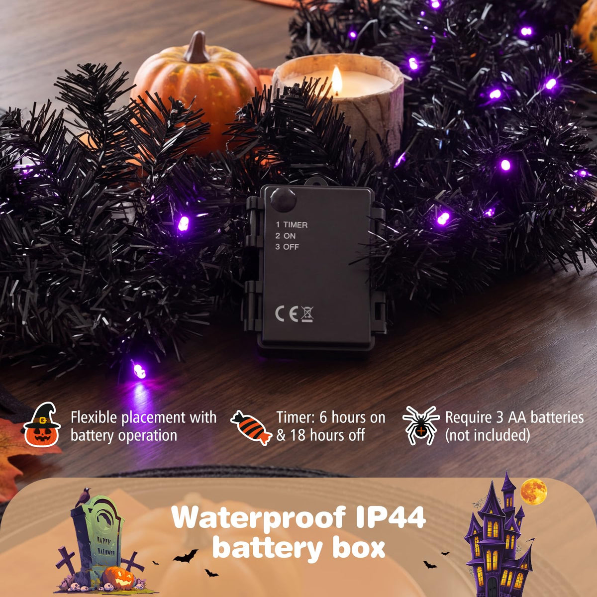 GOFLAME 9FT Pre-lit Black Halloween Garland with 50 Purple LED Lights