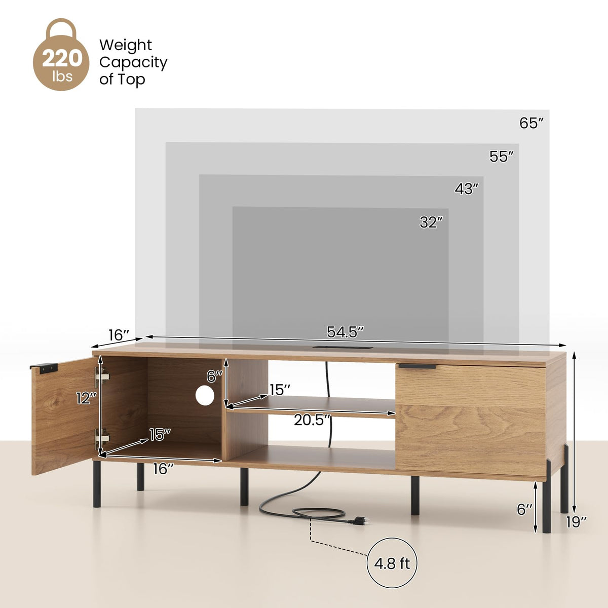 Goflame TV Stand for TVs up to 65”, Entertainment Center with Charging Station, 2 Cabinets, Open Shelves, 6 Sturdy Metal Legs