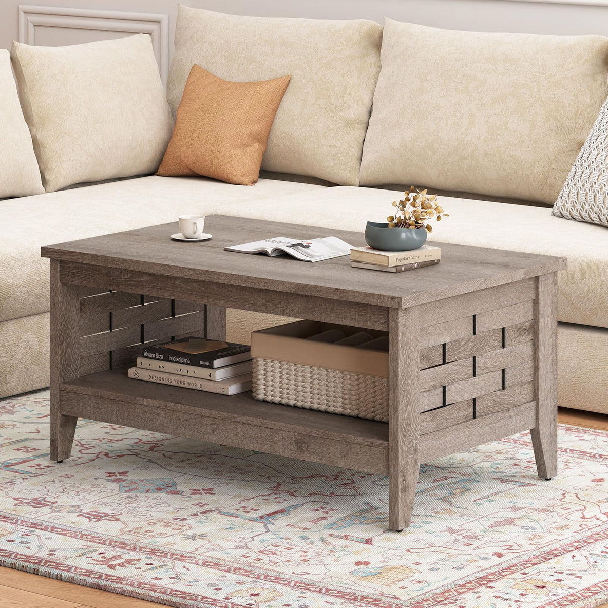 Goflame 2-Tier Farmhouse Coffee Table with Open Shelf and Woven Decorations for Living Room