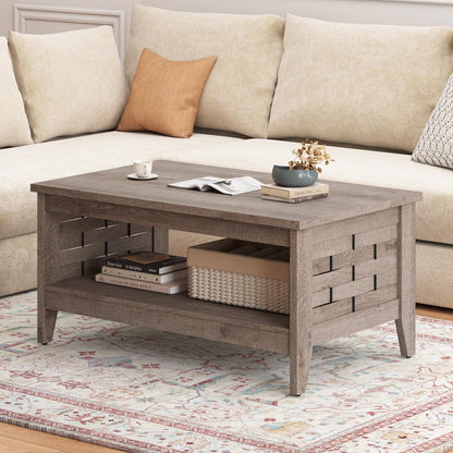 Goflame 2-Tier Farmhouse Coffee Table with Open Shelf and Woven Decorations for Living Room