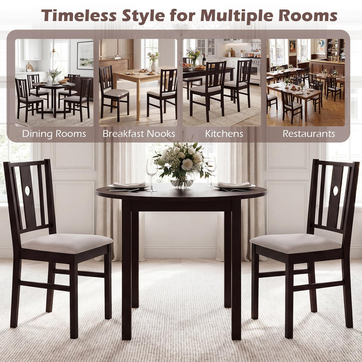 Goflame Wood Dining Chairs w/Fabric Padded Seat & Slatted Curved Back (2/4)