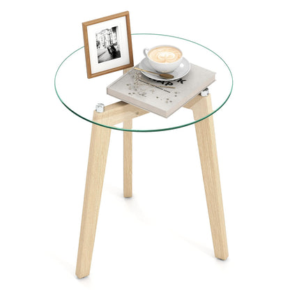 Goflame Glass Round Side Table w/Tempered Glass Top & Rubber Wood Frame