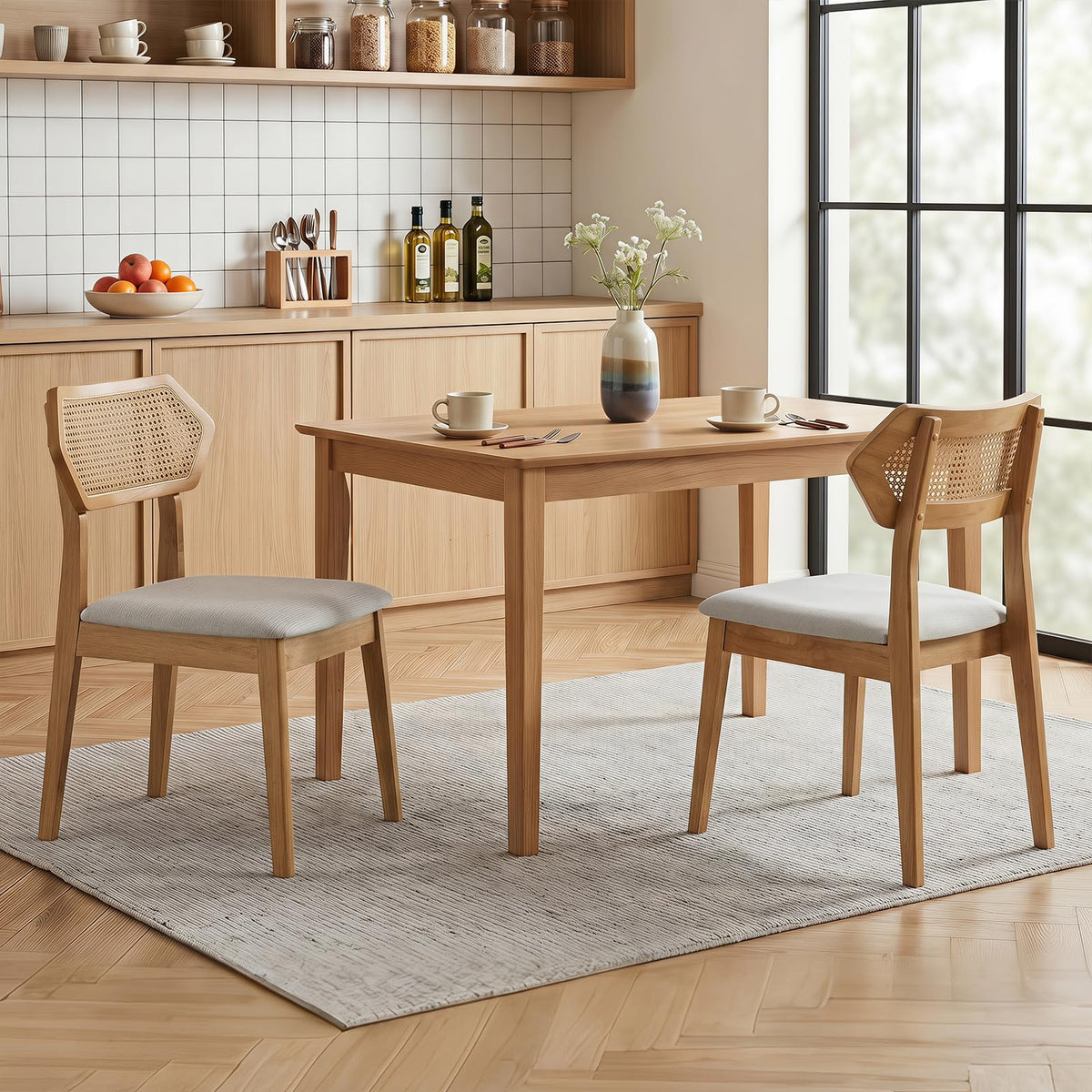 Goflame Wood Dining Chairs Set of 2/4 Rattan Upholstered with Solid Wood Frame