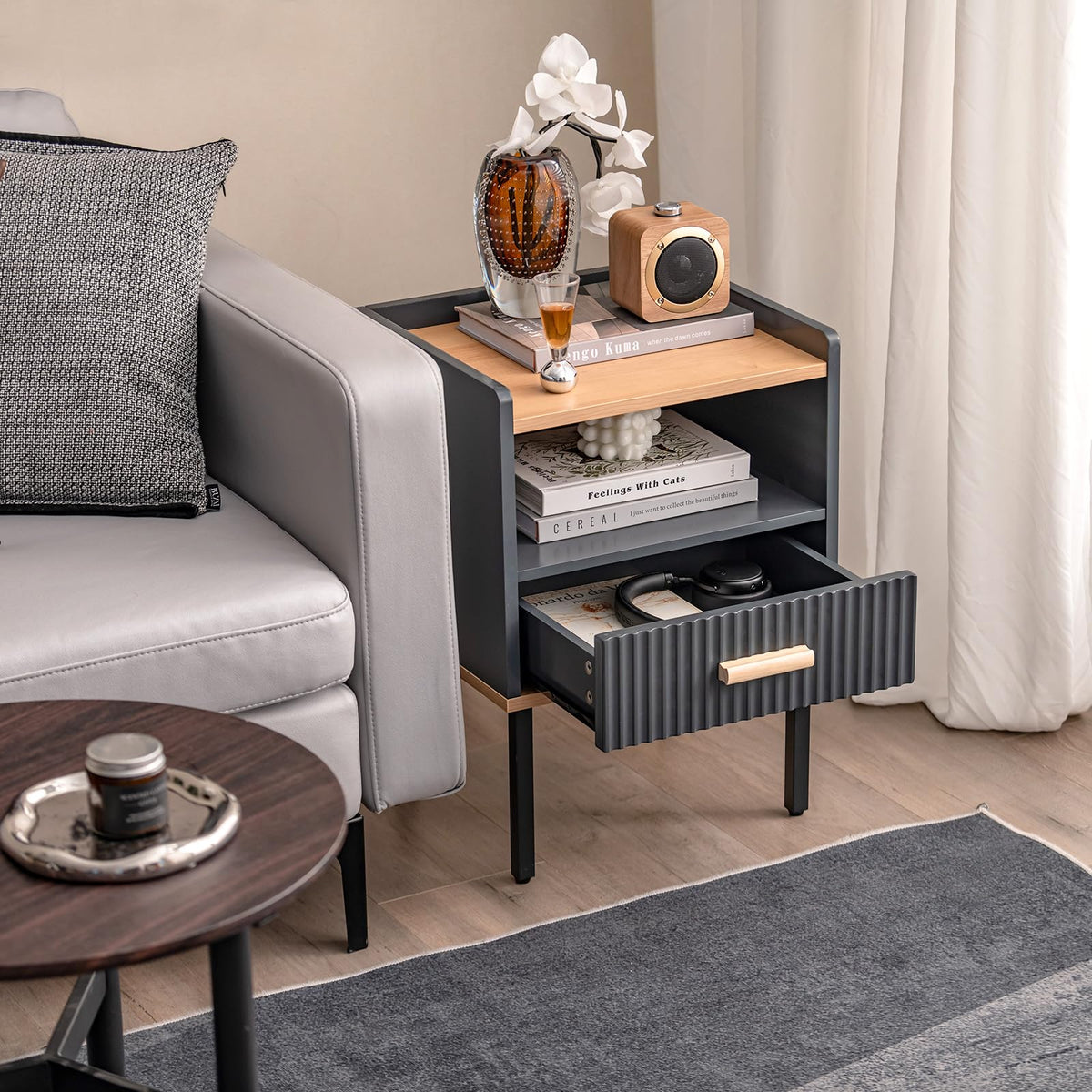 Goflame Modern Nightstand with Drawer - Bedside Table with Open Shelf, Gray