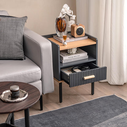 Goflame Modern Nightstand with Drawer - Bedside Table with Open Shelf, Gray