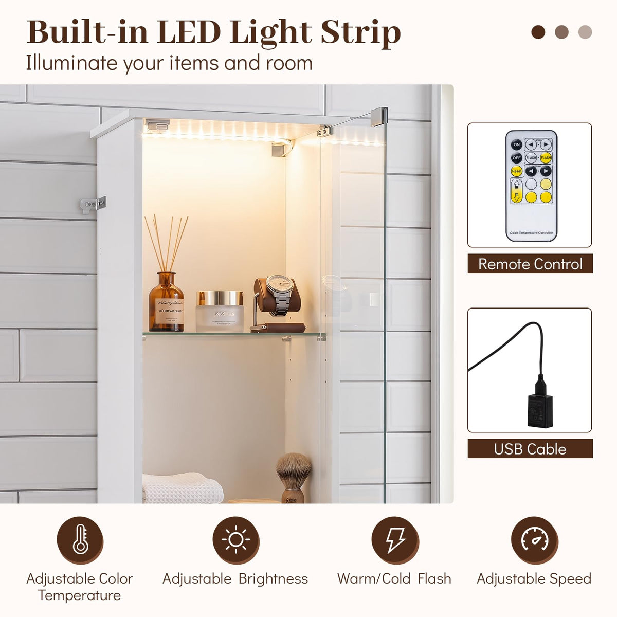 Goflame Tall Narrow Bathroom Cabinet with Lights & Remote Control (1/2)