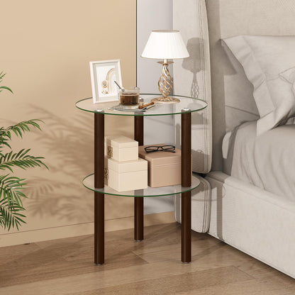 Goflame Round/Square 2-Tier Sofa Side Table with Clear Tempered Glass Top & Shelf (1/2)
