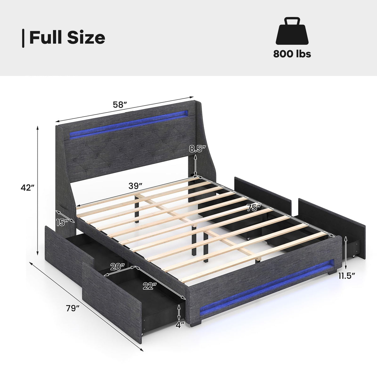 Goflame Full Size Bed Frame with LED Lights & Charging Station, Upholstered Platform Bed with Wingback Headboard