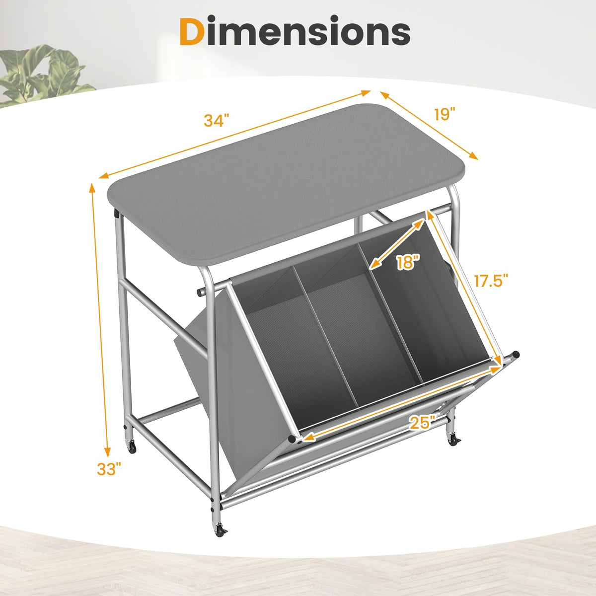 Goflame Laundry Sorter with Foldable Ironing Board 3 Section Tilt Out Laundry Hamper with Removable Bags