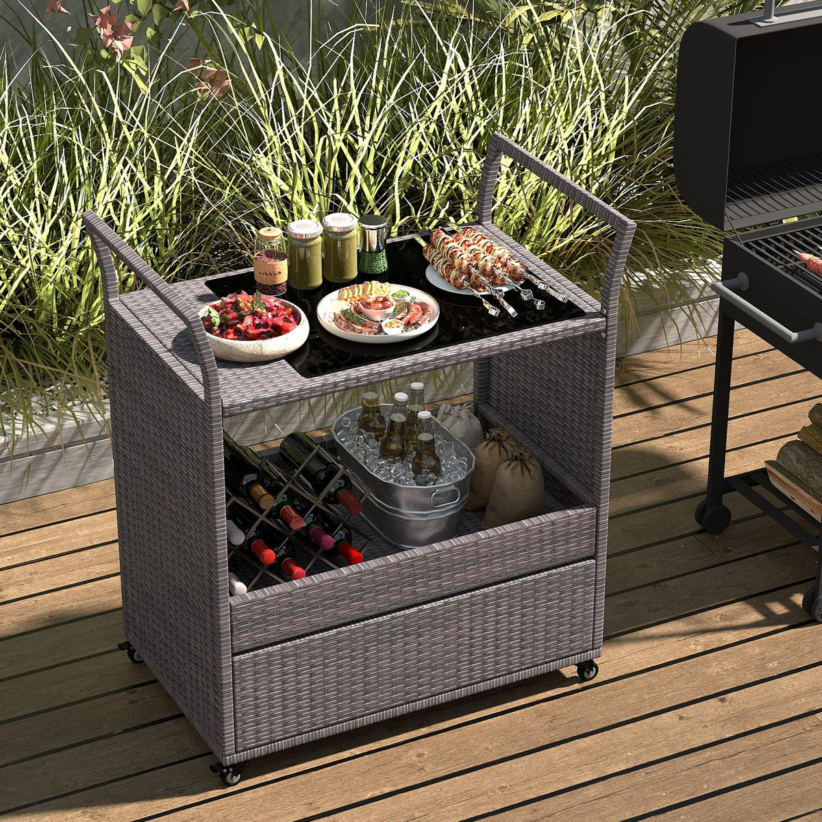 Goflame Rolling Wicker Cart W/Shelves and Big Drawer for Dining Room