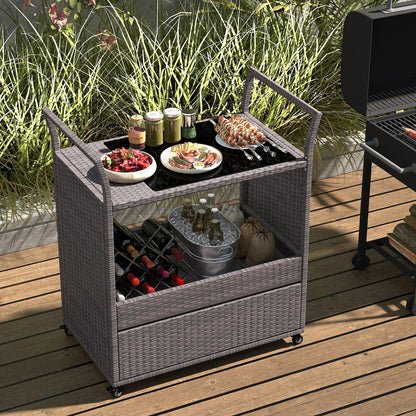Goflame Rolling Wicker Cart W/Shelves and Big Drawer for Dining Room